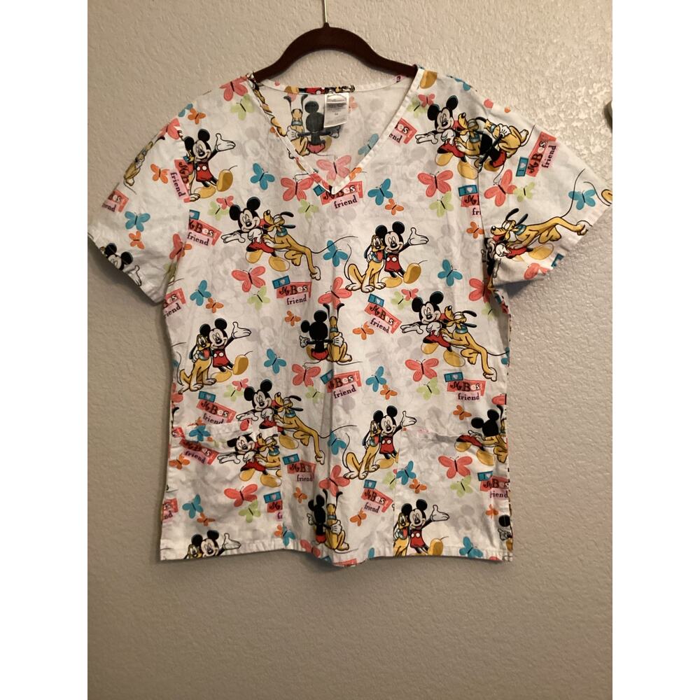 Disney Mickey & Pluto "My Best Friend" Butterfly V-neck Nurse Scrub Top M